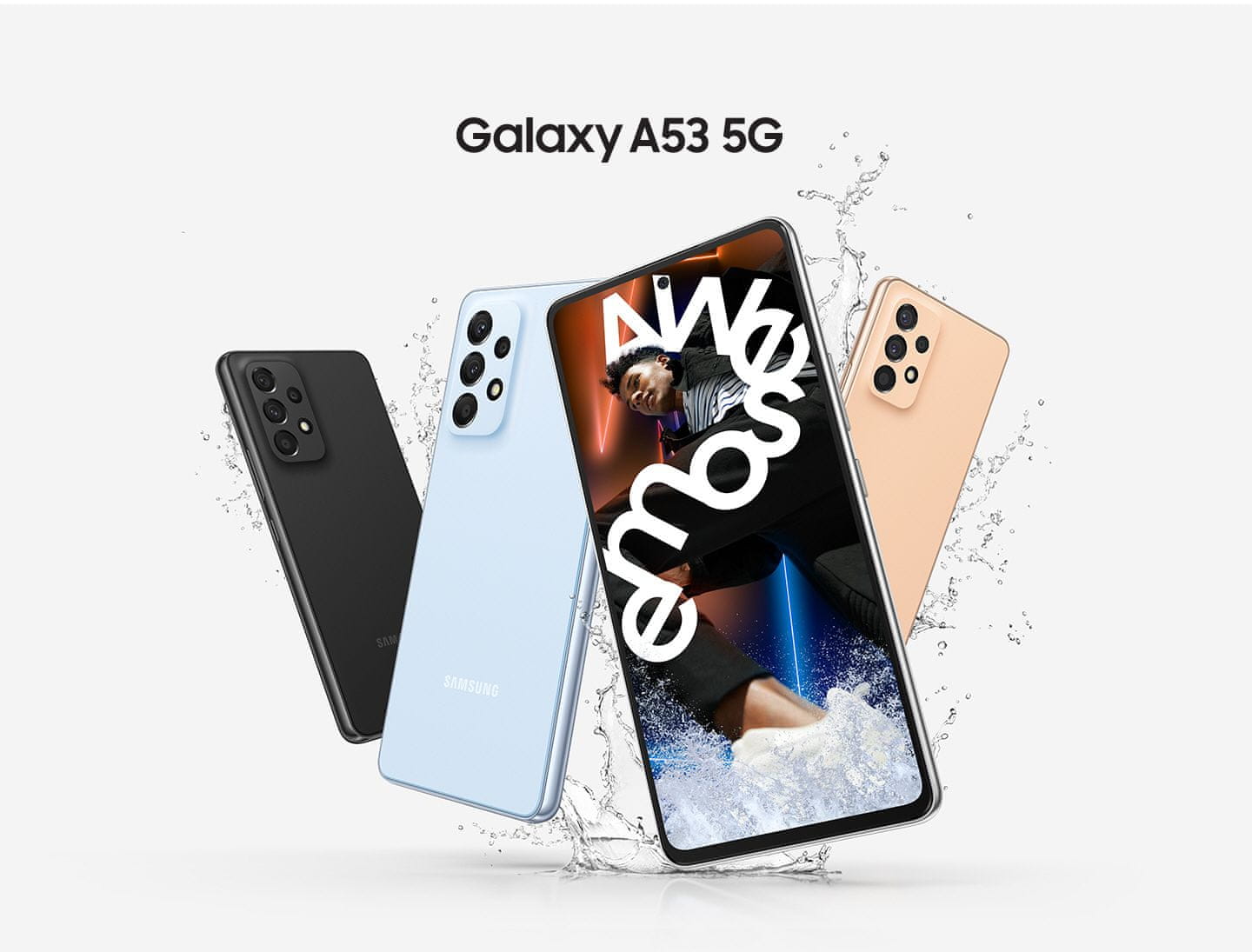Samsung Galaxy A53 5G, chytrý telefon, vlajková loď 6,5palcový displej AMOLED obnovovací frekvence stabilizace obrazu čtyři fotoaparáty nejrychlejší 5G připojení 5G internet podpora nejrychlejšího připojení Gorilla Glass IP67 NFC