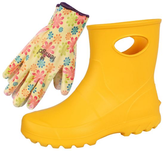 Lemigo Dámské, žluté, pěnové gumové holínky + květinové rukavice Garden Lemigo