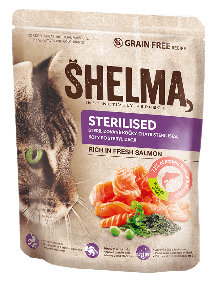SHELMA Bezobilné granule STERILE s čerstvým lososem pro dospělé kočky 1,4 kg
