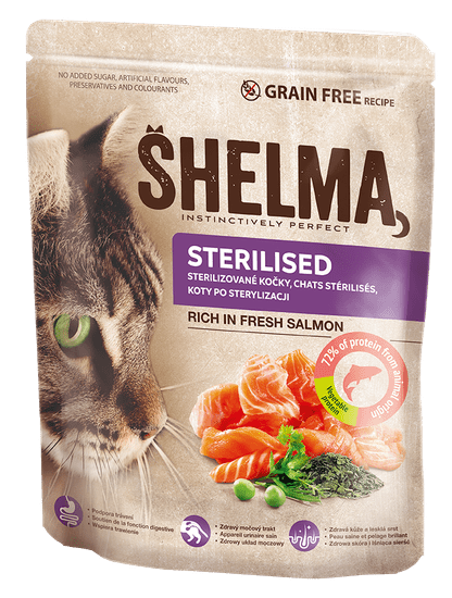 SHELMA Bezobilné granule STERILE s čerstvým lososem pro dospělé kočky 1,4 kg