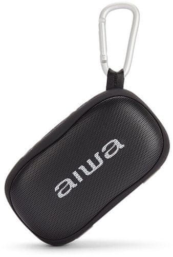 stylový přenosný reproduktor aiwa BS-110 bluetooth aux in vstup handsfree funkce mikrofon poutko baterie 1200 mah výdrž 5 h na nabití