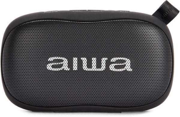  stylový přenosný reproduktor aiwa BS-110 bluetooth aux in vstup handsfree funkce mikrofon poutko baterie 1200 mah výdrž 5 h na nabití
