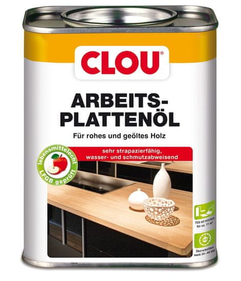 Clou Arbeitsplatten-Öl bezbarvý olej na pracovní desky nebo desky stolů, desky dílenských stolů. Je atestovaný pro styk s potravinami, různá balení