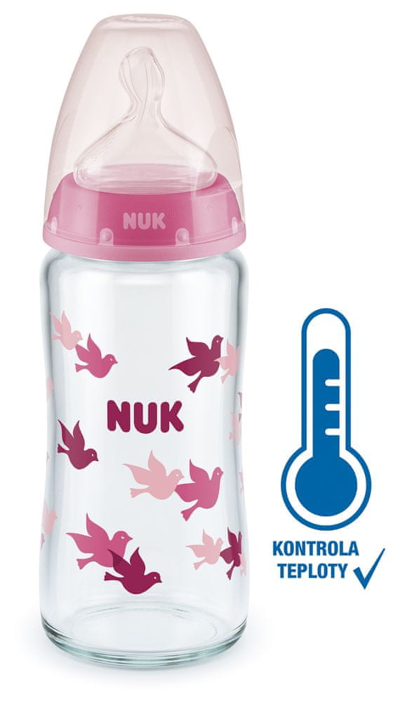 Levně Nuk FC+ láhev sklo s kontrolou teploty 240 ml růžová