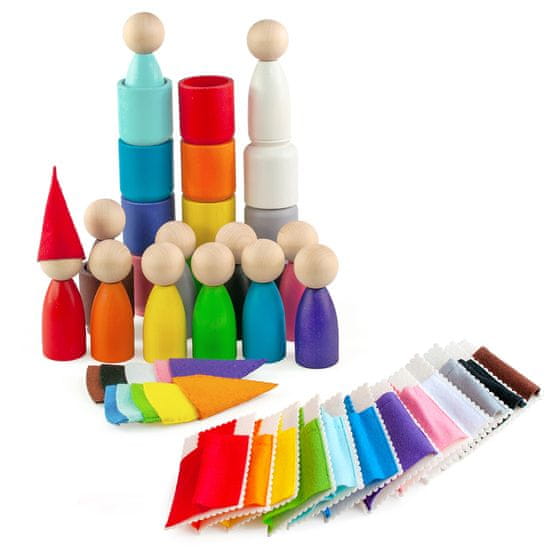 Ulanik Montessori dřevěná hračka "Peg Dolls with Hats, Beds and Cups"