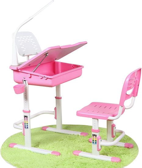 Leomark Dětský psací stůl se židlí a LED lampou - Smart - barva růžová (166P)