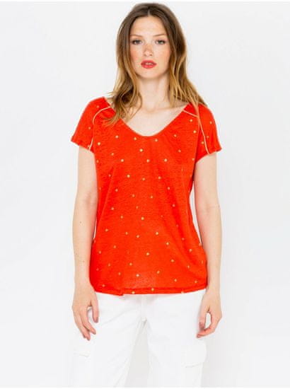 Camaïeu Oranžové puntíkované lněné tričko CAMAIEU