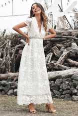 OMG! Dámské krajkové maxi šaty s výstřihem Hija bílá XL