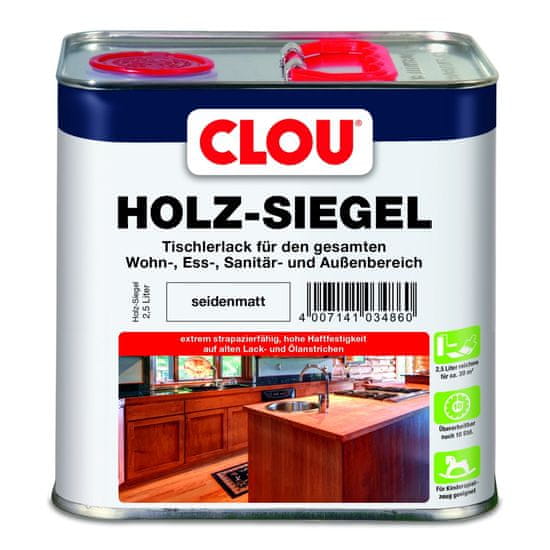 Clou EL Holz-Siegel, hedvábně matný, jednosložkový zátěžový lak na schody, stoly, kuchyně, podlahy, parapety, nábytek, hračky, pro interiér i exteriér, pro štětec, váleček i stříkání, různá balení