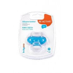 BabyOno Kousátko silikonové bez BPA ve tvaru dudlíku s krytem modrá 3 m+