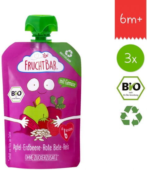 FruchtBar 100% recyklovatelná BIO Ovocná kapsička s jablkem, jahodou, červenou řepou a rýži 3x100g