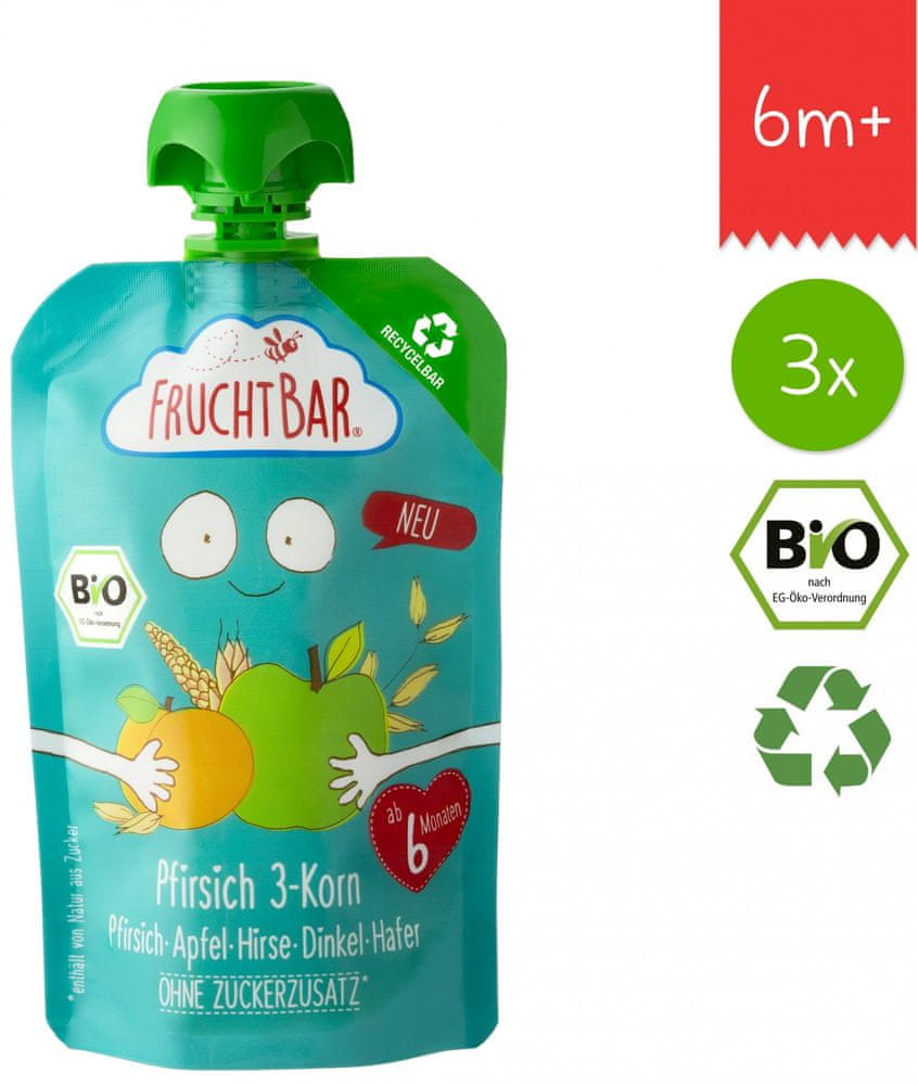 FruchtBar 100% recyklovatelná BIO Ovocná kapsička s jablkem, broskví, meruňkami a ovsem 3x100g