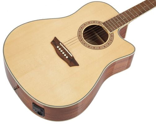  krásná elektroakustická kytara Washburn WD7SCE-A-U dreadnought velké rezonantní tělo ze smrkového dřeva standardní menzura rozeta poziční tečky western styl 