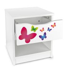 Leomark Bílý moderní skříňový noční stolek se zásuvkou - motýli 028M