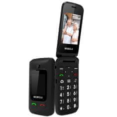 MB610 Senior Flip, mobilní véčkový telefon pro seniory, SOS tlačítko, 2 obrazovky, nabíjecí stojánek, černý