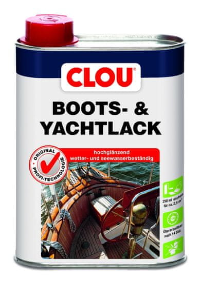 Clou Boots- & Yachtlack, bezbarvý lesklý lak na lodě, vhodný pro interiér i exteriér, také k lakování vysoce zatížených dřevěných ploch na lodích, v domě (koupelna) i v zahradě (lavičky), různá balení