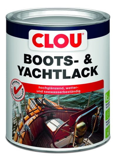 Clou Boots- & Yachtlack, bezbarvý lesklý lak na lodě, vhodný pro interiér i exteriér, také k lakování vysoce zatížených dřevěných ploch na lodích, v domě (koupelna) i v zahradě (lavičky), různá balení
