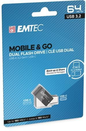 Emtec USB flash disk "T260C Dual", 64 GB, USB 3.2, vstup USB-A / výstup USB-C