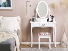Beliani Toaletní stolek 1 zásuvka, oválné zrcadlo a bílá stolička SOLEIL