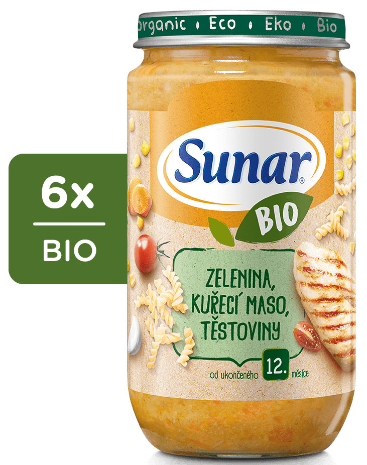 Sunar BIO příkrm Zelenina, těstoviny, kuřecí maso 6x235g (CZ-BIO-003)