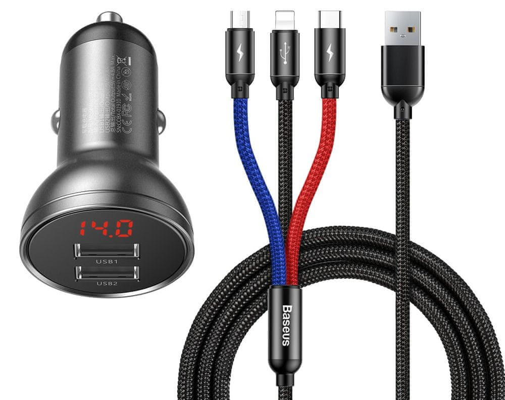 BASEUS Digital Display set duálního adaptéru do automobilu 2* USB-A a opleteného kabelu 3v1 4,8A TZCCBX-0G, černá