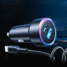 Joyroom 3in1 autonabíječka USB / USB-C 45W + vstavaný kabel Lightning, černá