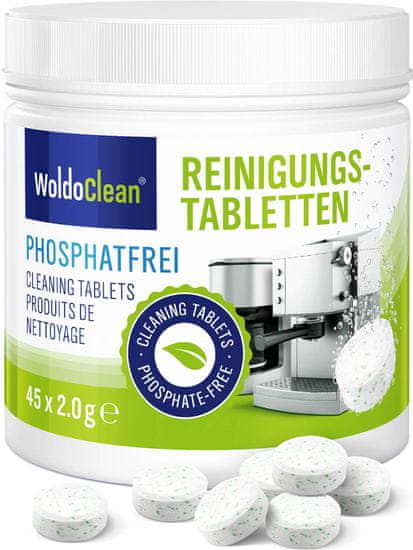 WoldoClean® Čistící tablety pro kávovary 45 tablet bez fosfátů kompatibilní s Jura, Delonghi, Bosch, Siemens, Saeco a mnoho dalších.