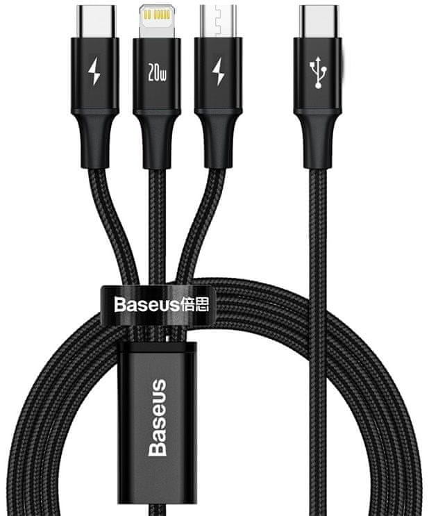 BASEUS Rapid Series nabíjecí / datový kabel 3v1 USB-C (USB-C + Lightning + USB-C) PD 20W 1,5m CAMLT-SC01, černá - rozbaleno
