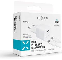 FIXED Set síťové nabíječky Mini s USB-C výstupem a USB-C/USB-C kabelu, podpora PD, 1 m, 20WFIXC20M-CC-WH, bílý - rozbaleno