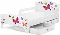 Leomark Bílá postel pro děti se šuplíky a matrací 140/70 - SMART - Motýli + bílé šuplíky 160000M.bsz