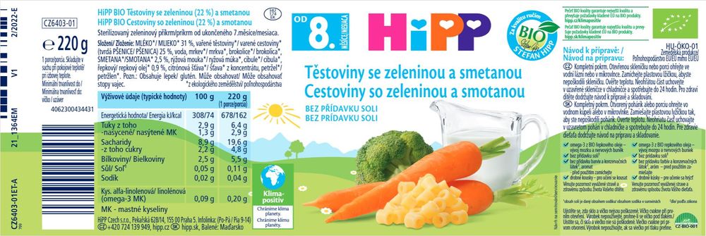 HiPP BIO Těstoviny se zeleninou a smetanou od uk. 8. měsíce, 6 x 220 g