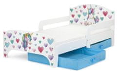 Leomark Bílá postel pro děti se šuplíky a matrací 140/70 - SMART - Jednorožec +modré šuplíky 160000UC.nsz