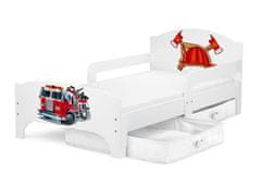 Leomark Bílá postel pro děti se šuplíky a matrací 140/70 - SMART - Hasič + bílé šuplíky 160000S.bsz