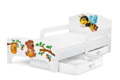 Leomark Bílá postel pro děti se šuplíky a matrací 140/70 - SMART - Medvídek a včely - bílé šuplíky 160000PIM.bsz