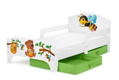 Leomark Bílá postel pro děti se šuplíky a matrací 140/70 - SMART - Medvídek a včely + zelené šuplíky 160000PIM.zsz