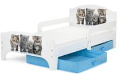 Leomark Bílá postel pro děti se šuplíky a matrací 140/70 - SMART - Koťátka + modré šuplíky 160000C.nsz