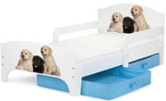 Leomark Bílá postel pro děti se šuplíky a matrací 140/70 - SMART - Štěňata labradora + modré šuplíky 160000P.nsz