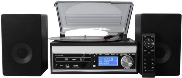 designově velmi podařený gramofon se 3 rychlostmi přehrávání desek soundmaster MCD1820SW usb výstup pro digitalizaci desek aux in vstup reproduktory sd slot cd přehrávač kazetový přehrávač sluchátkový výstup