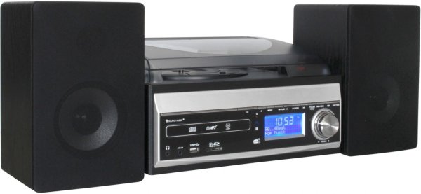  dizajnovo veľmi podarený gramofón s 3 rýchlosťami prehrávania dosiek soundmaster MCD1820SW usb výstup pre digitalizáciu dosiek aux in vstup reproduktory sd slot cd prehrávač kazetový prehrávač slúchadlový výstup 