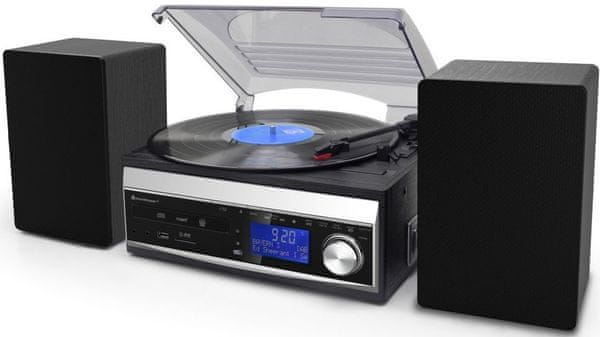  designově velmi podařený gramofon se 3 rychlostmi přehrávání desek soundmaster MCD1820SW usb výstup pro digitalizaci desek aux in vstup reproduktory sd slot cd přehrávač kazetový přehrávač sluchátkový výstup 