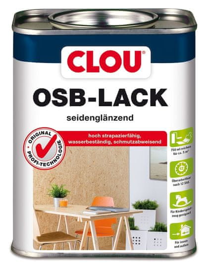 Clou OSB-Lack je hedvábně lesklý bezbarvý lak speciálně vyvinutý k lakování OSB desek v interiéru a vyniká zvláště vysokou plnící silou, je odolný vodě i domácím chemikáliím a odpuzuje špínu. Různá balení