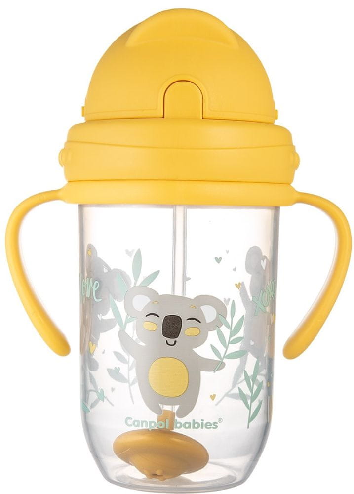 Levně Canpol babies Nevylévací hrneček se slámkou a závažím EXOTIC ANIMALS 270ml žlutý