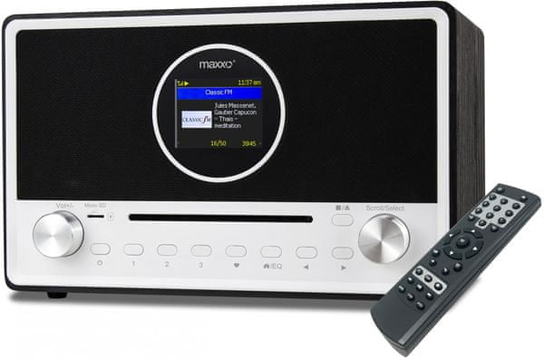  moderný rádioprijímač Maxxo CD03 dab fm tuner automatické vyhľadávanie staníc podsvietený displej stereo reproduktory wifi internetové rádio usb nabíjanie usb prehrávanie cd prehrávač