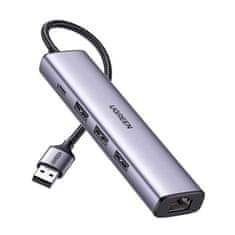 Ugreen 5in1 HUB adaptér 3x USB 3.0 / RJ45 / USB-C, stříbrný