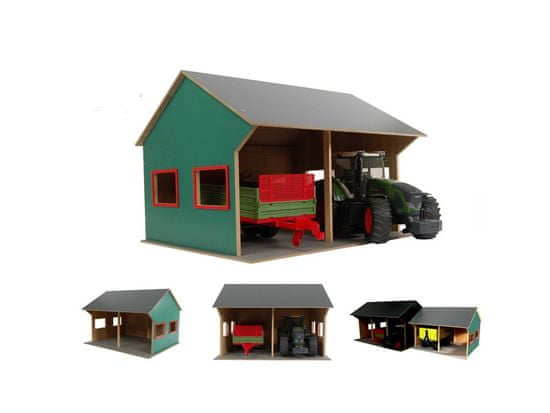 Kids Globe Farming dřevěná garáž 44x53x37cm 1:16 pro 2 traktory v krabičce