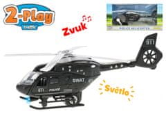 2-Play Traffic vrtulník policejní 22 cm kov na zpětný chod na baterie se světlem a zvukem v krabičce