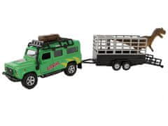 Kids Globe Traffic Land Rover 28 cm kov na zpětný chod s přívěsem a dinosaurem v krabičce