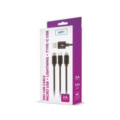 setty. nylonový USB kabel 3v1 microUSB, Lightning, Type-C 1m (GSM043225) černá