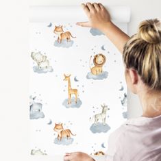 Muralo Tapety Pro Děti Divoká Zvířata Mraky Hvězdy 0,53m x 10m