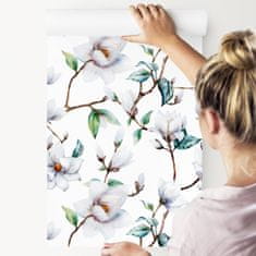 Muralo Tapeta Do Obývacího Pokoje KVĚTINY Magnólie Větvičky Akvarel 0,53m x 10m